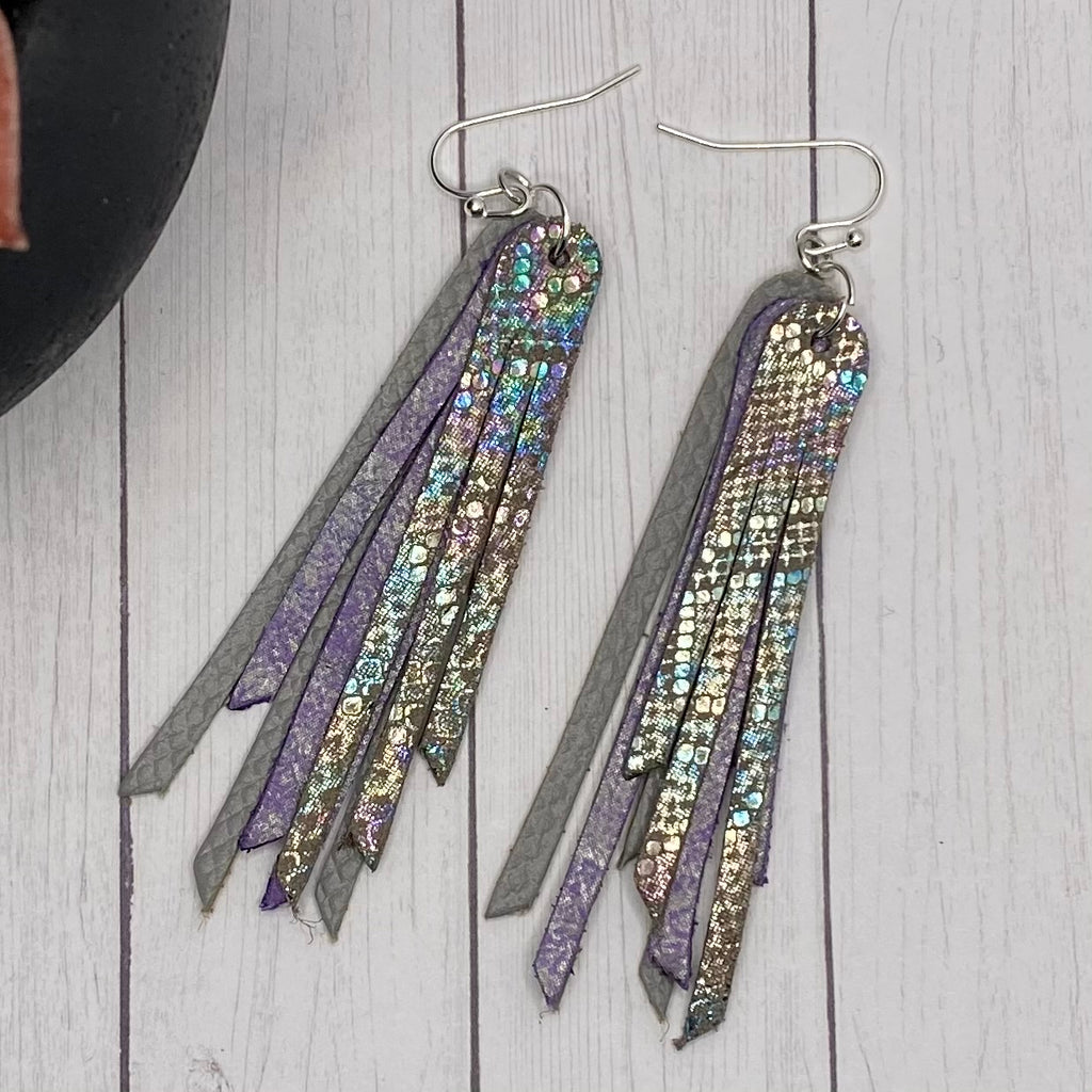 2.75” Genuine Leather Gray and Purple Animal Fringe Earrings