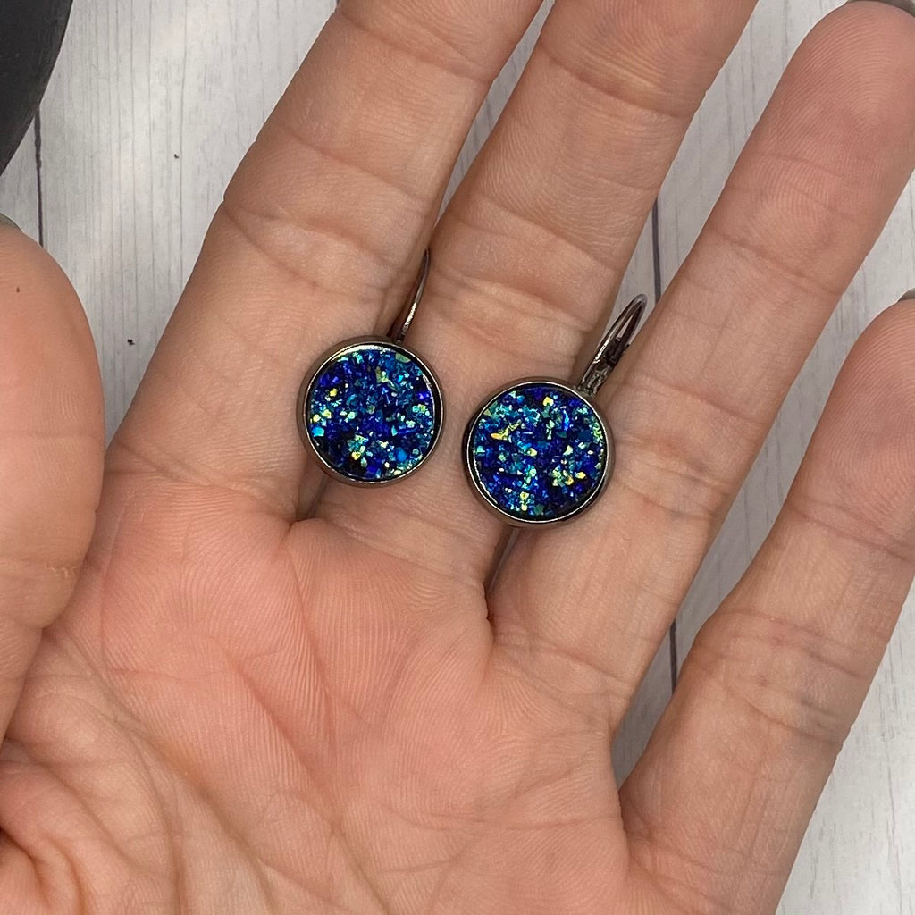 Navy Blue Iridescent Druzy Dangle Earrings