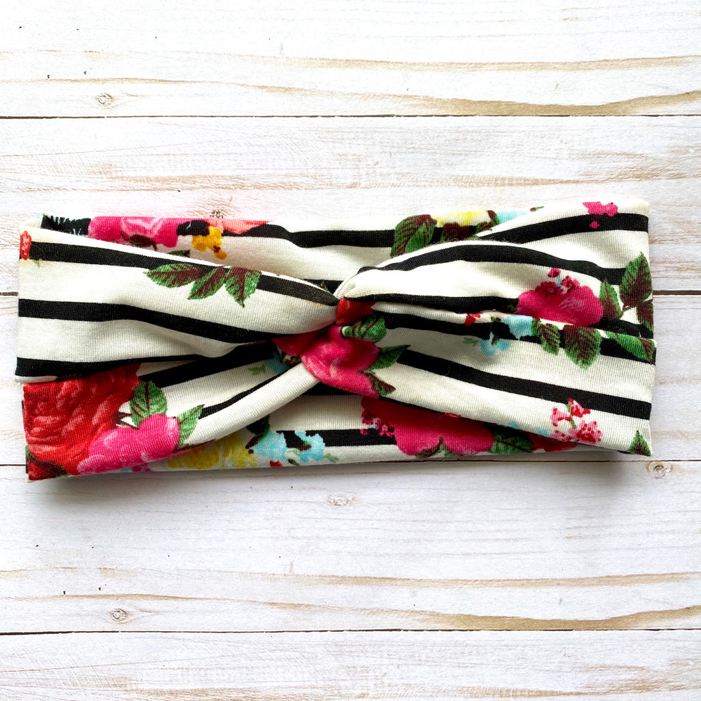 Floral and Black Striped Knotted Head Wrap