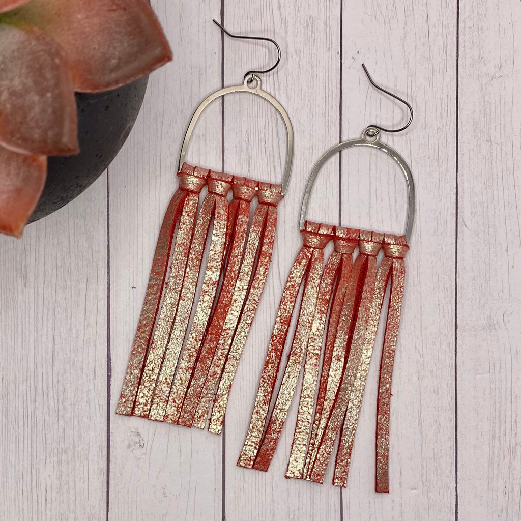 Red Leather Fringe Arched Hoop Earrings