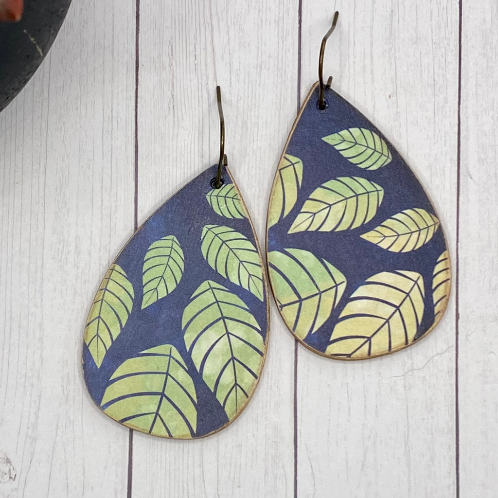 Navy and green leaf print Wood Earrings