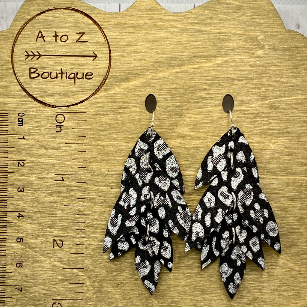 Black and Silver Cascading Petal Leather Earrings