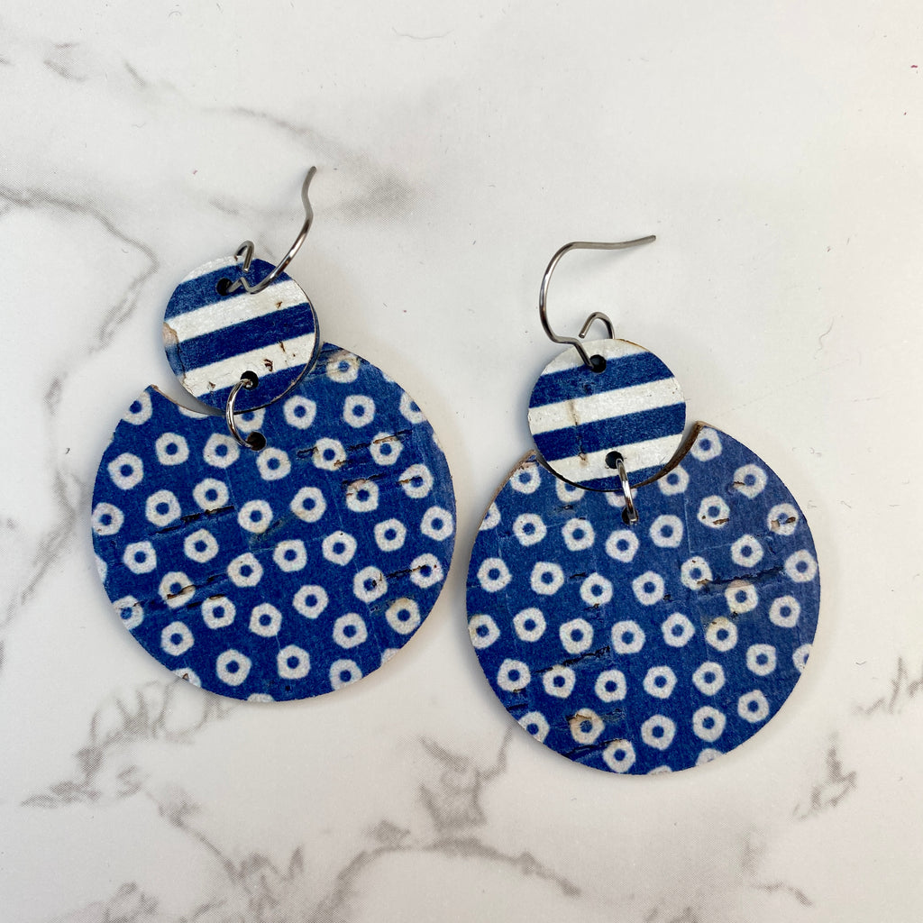 Navy and White Double Circle Cork Leather Earrings
