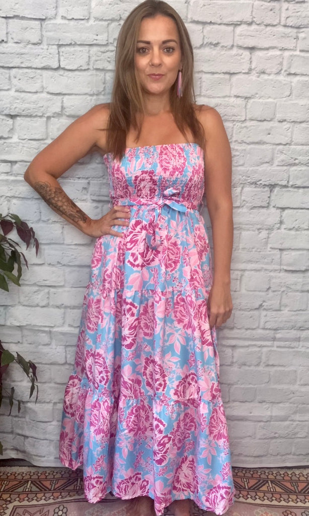 Pink and Blue Floral Strapless Dress