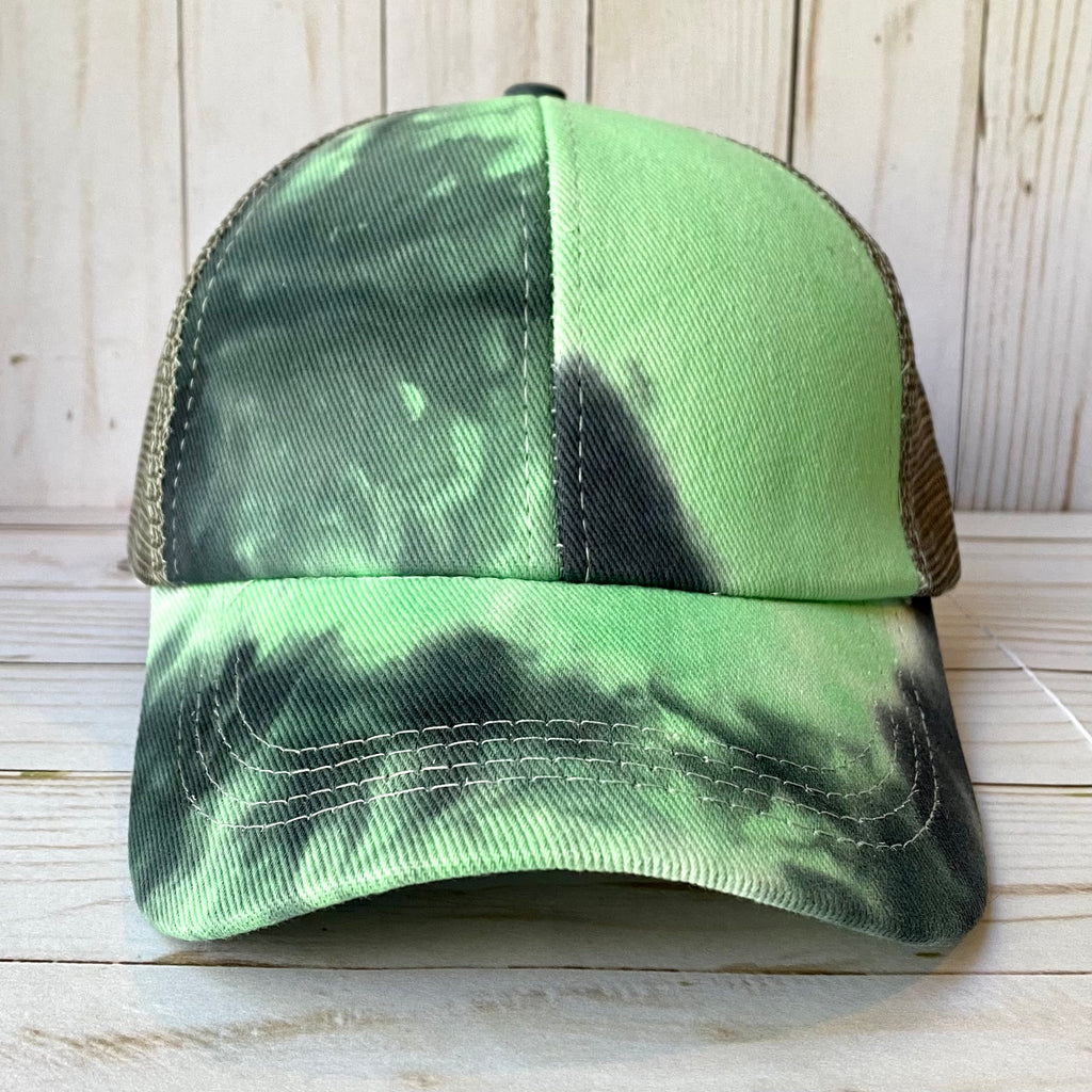Aqua and Charcoal Tie Dye Distressed Criss Cross Ponytail Hat