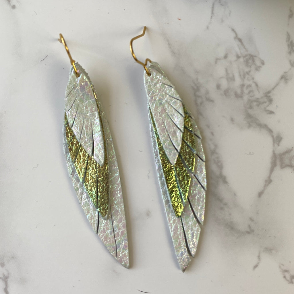 Iridescent White and Green Skinny Wing Earrings