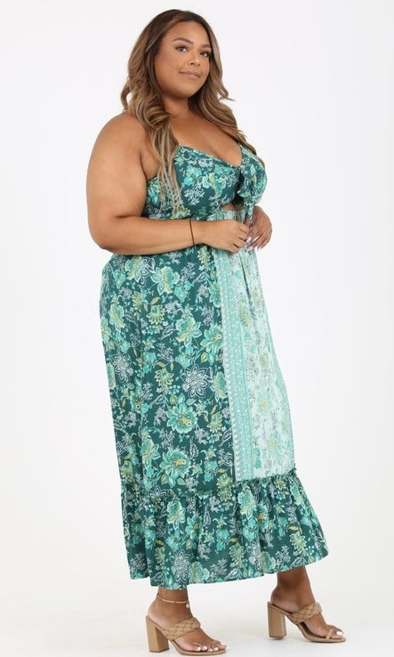 Plus Size Green and White Floral Maxi Dress