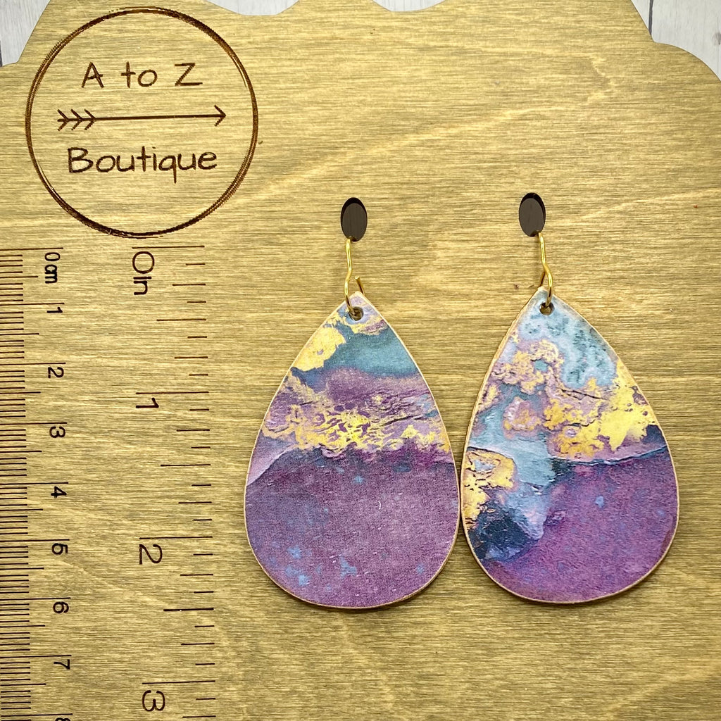 Purple and Blue Geode Pattern Wood Earrings