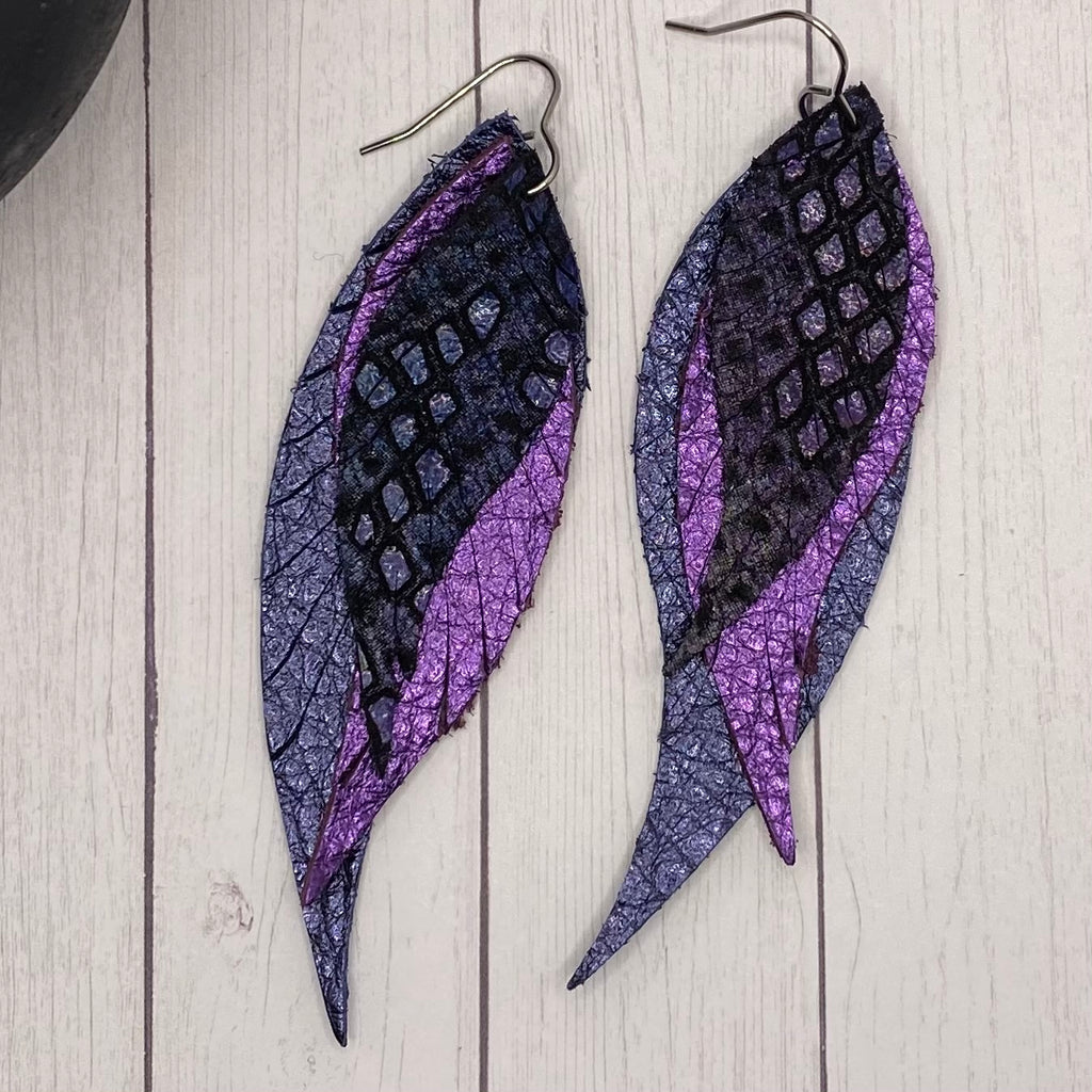 Black and Purple Scale Leather Feather Earrings