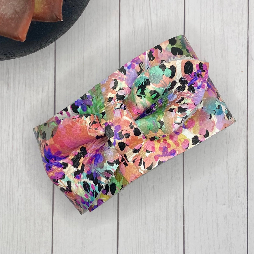 Watercolor Floral Print Genuine Leather Bow Cuff Bracelet