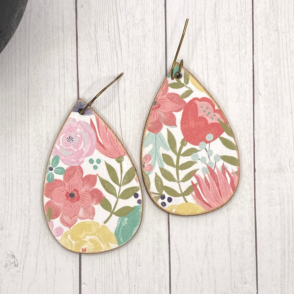 Pink and Olive Floral Wood Earrings