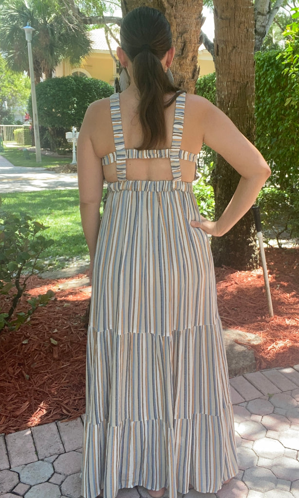Tan and Blue Striped Backless Maxi Dress