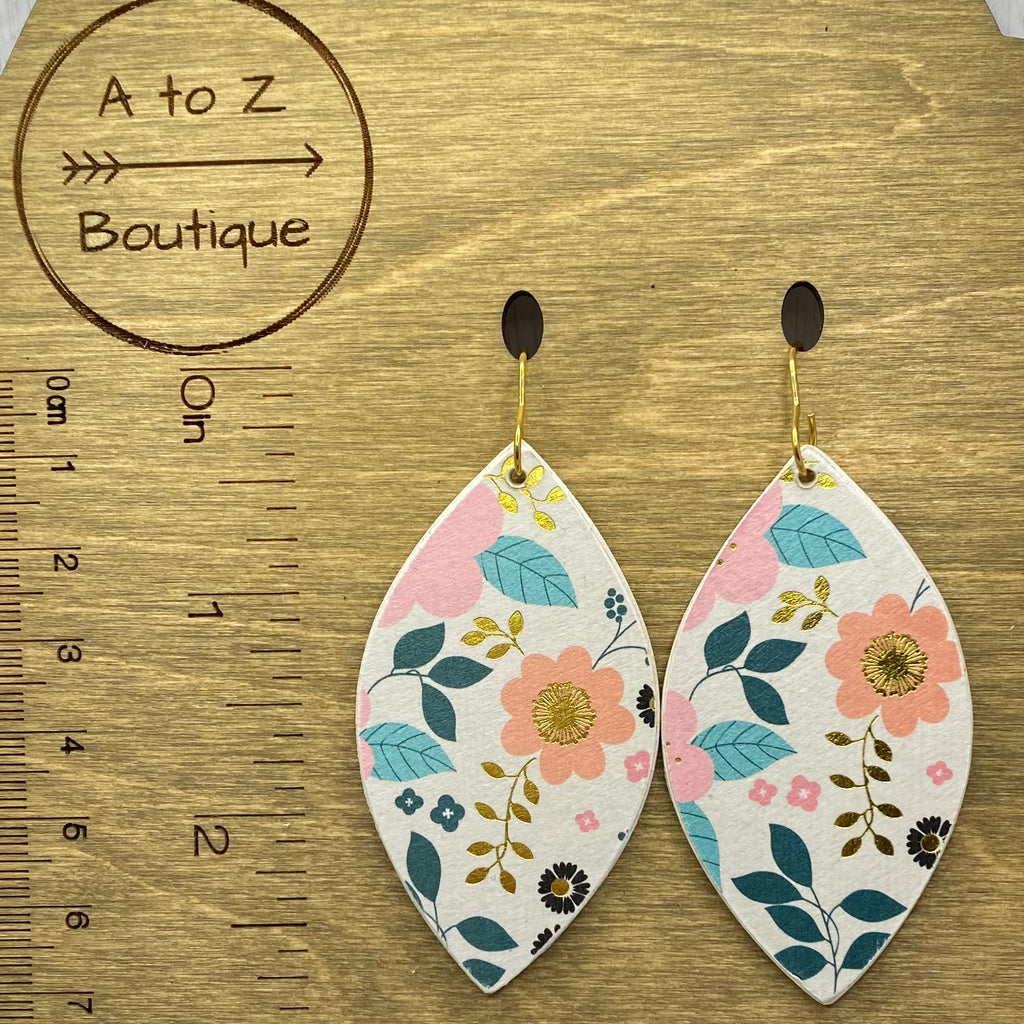 Pink a d Gold Floral Leaf Wood Earrings