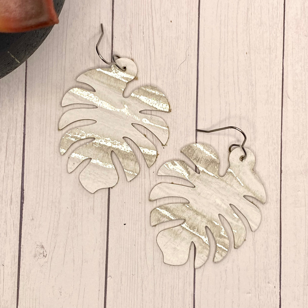 White and Silver Montersa Palm Leaf Leather Earrings