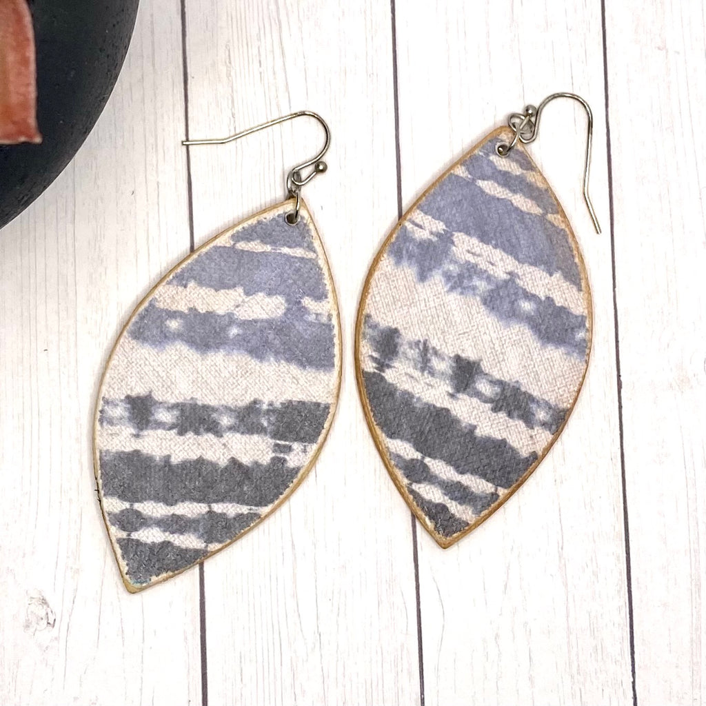 Blue and White Leaf Wood Earrings