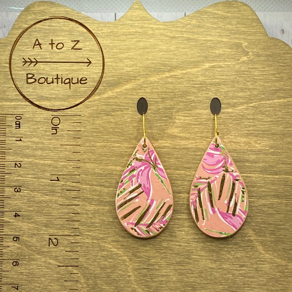 Pink and Gold Floral Wood Earrings