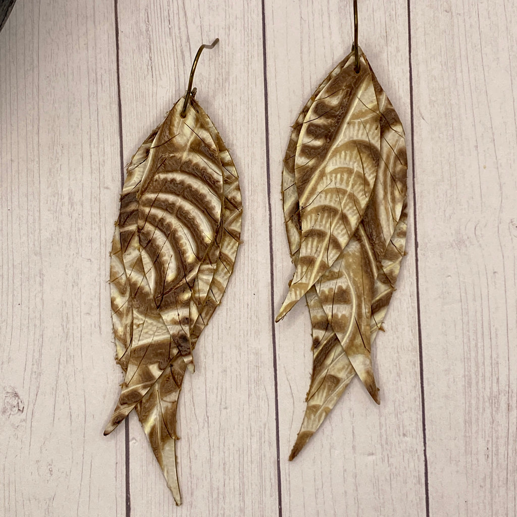 Cream and Brown Embossed Leather Feather Earrings