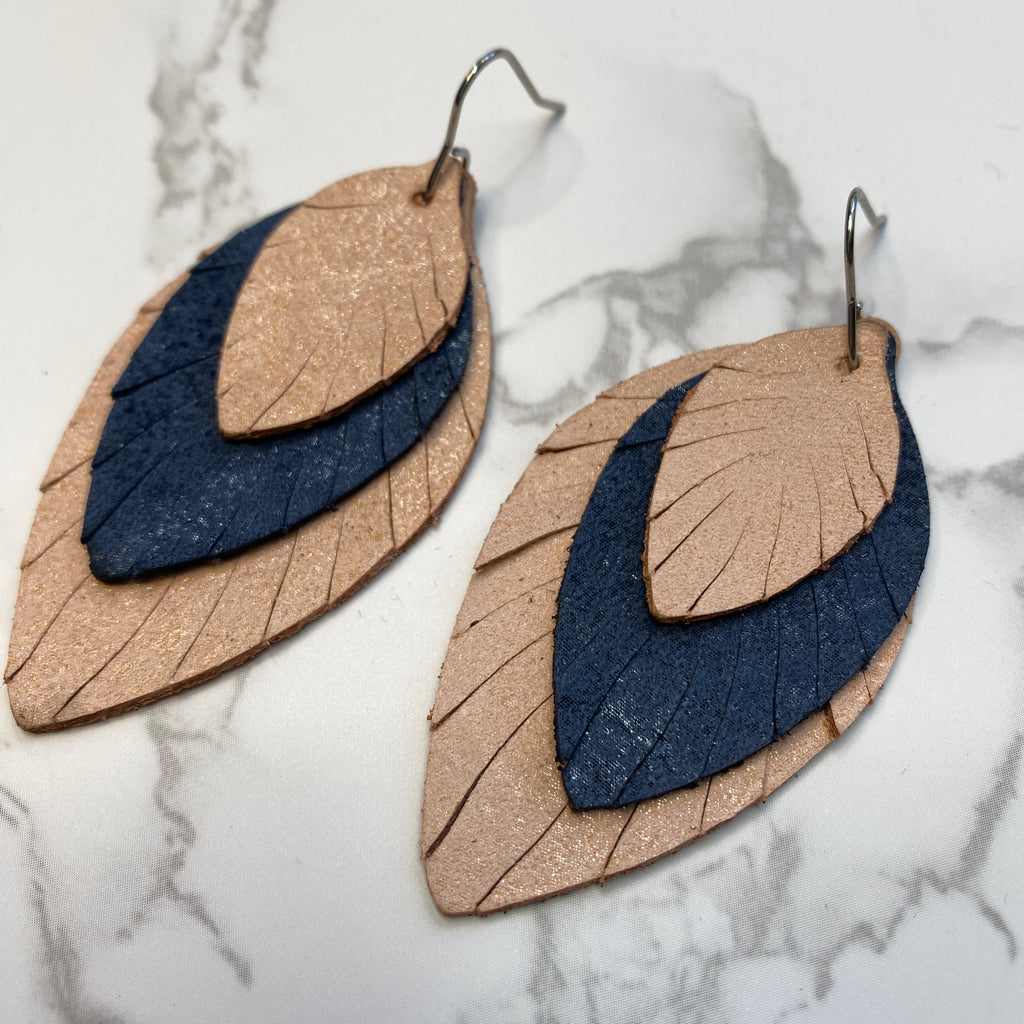 Navy and Peach Small Fat Feather Earrings