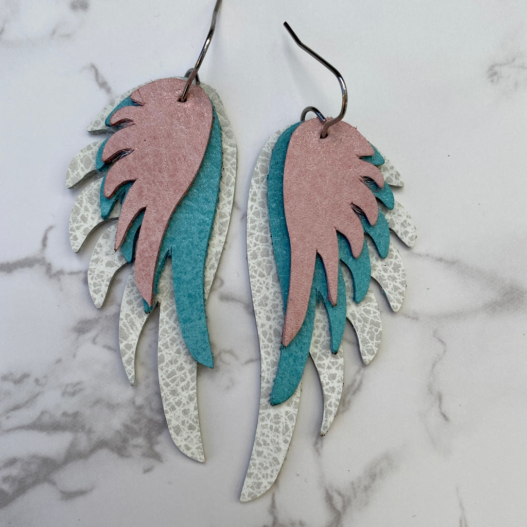 Ivory Blue and Pink Leather Wing Earrings