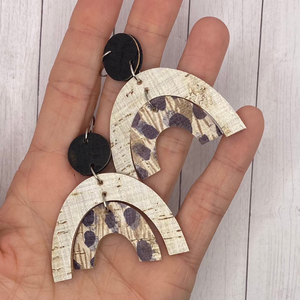 Animal Print Neutral Leather and Cork Double Arch Earrings