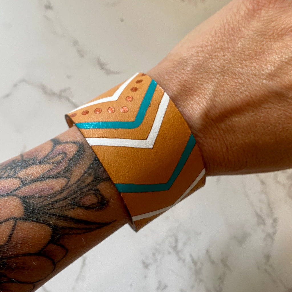 Blue White & Copper Chevron  Hand Painted Leather Cuff