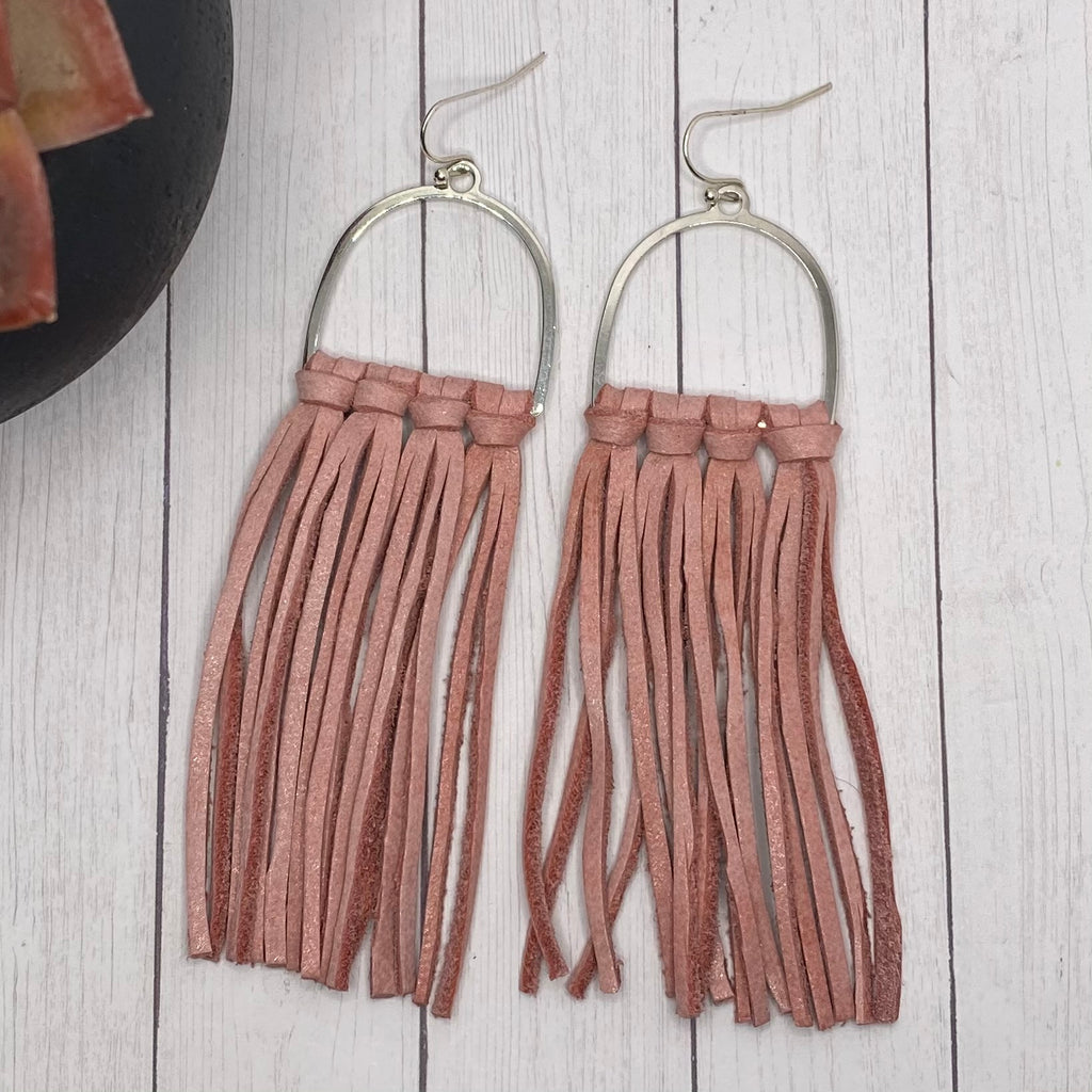 Pink Leather Fringe Arched Hoop Earrings