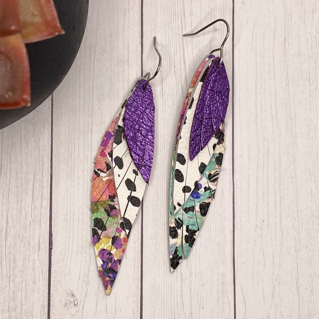 Purple Floral Leather Wing Earrings