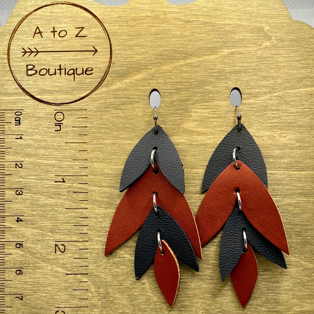 Black and Brown Cascading Petal Leather Earrings