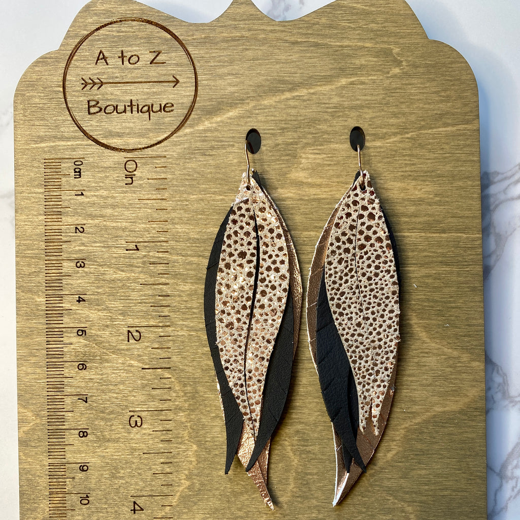 Black and Rose Gold Large Leather Split Feather Earrings