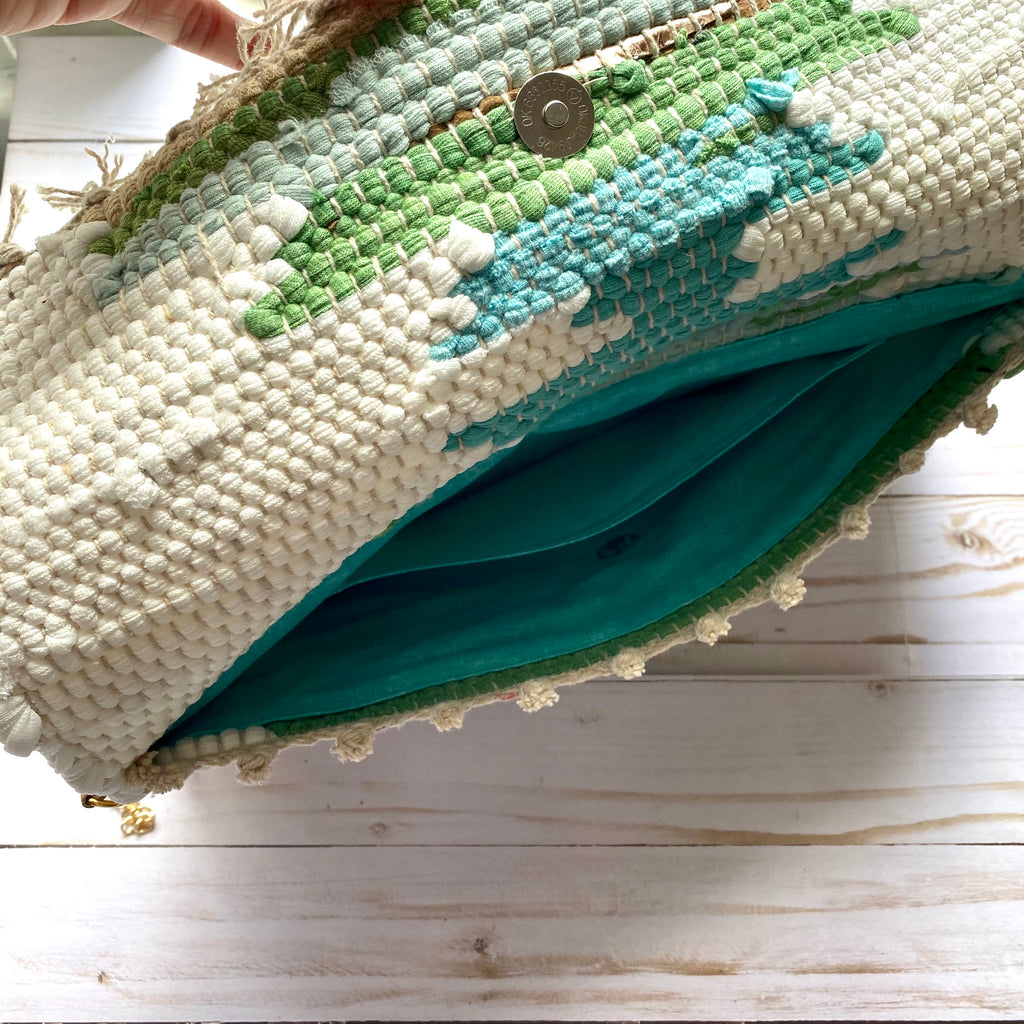 Off White and Green Woven Clutch