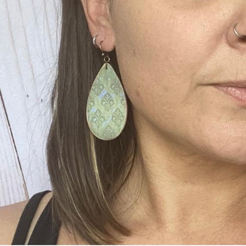 Green and Blue Damask Wood Earrings