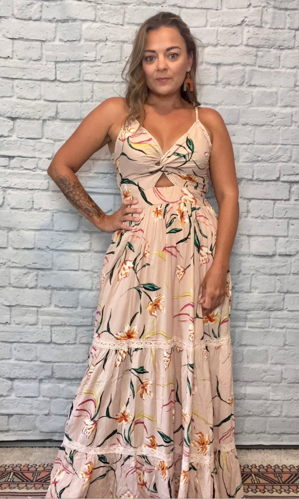Peach Floral Cutout Maxi Dress