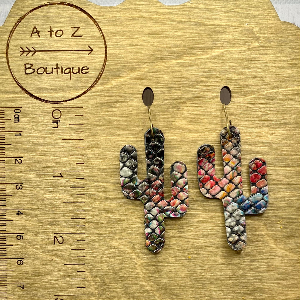 Neutral Animal Print Leather Cactus Earrings