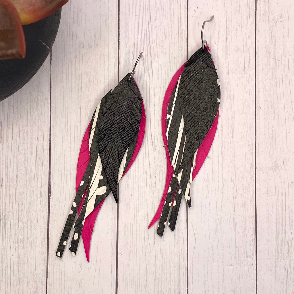 Black and Hot Pink Leather Feather Earrings