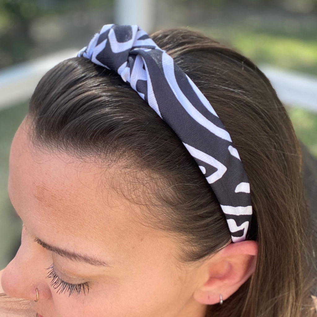 Black and White Upcycled Silk Knot headband