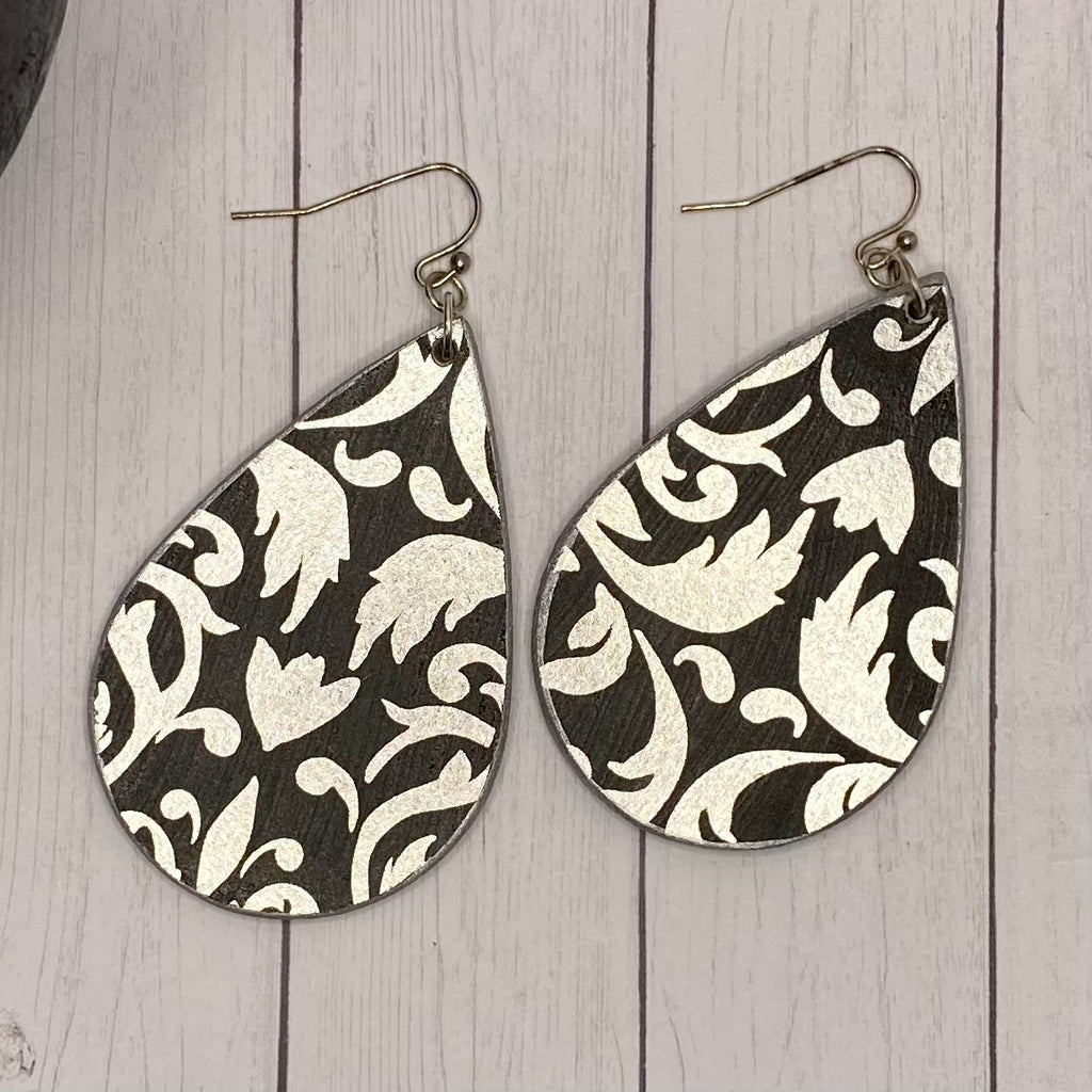 Black and Silver Damask Wood Earrings