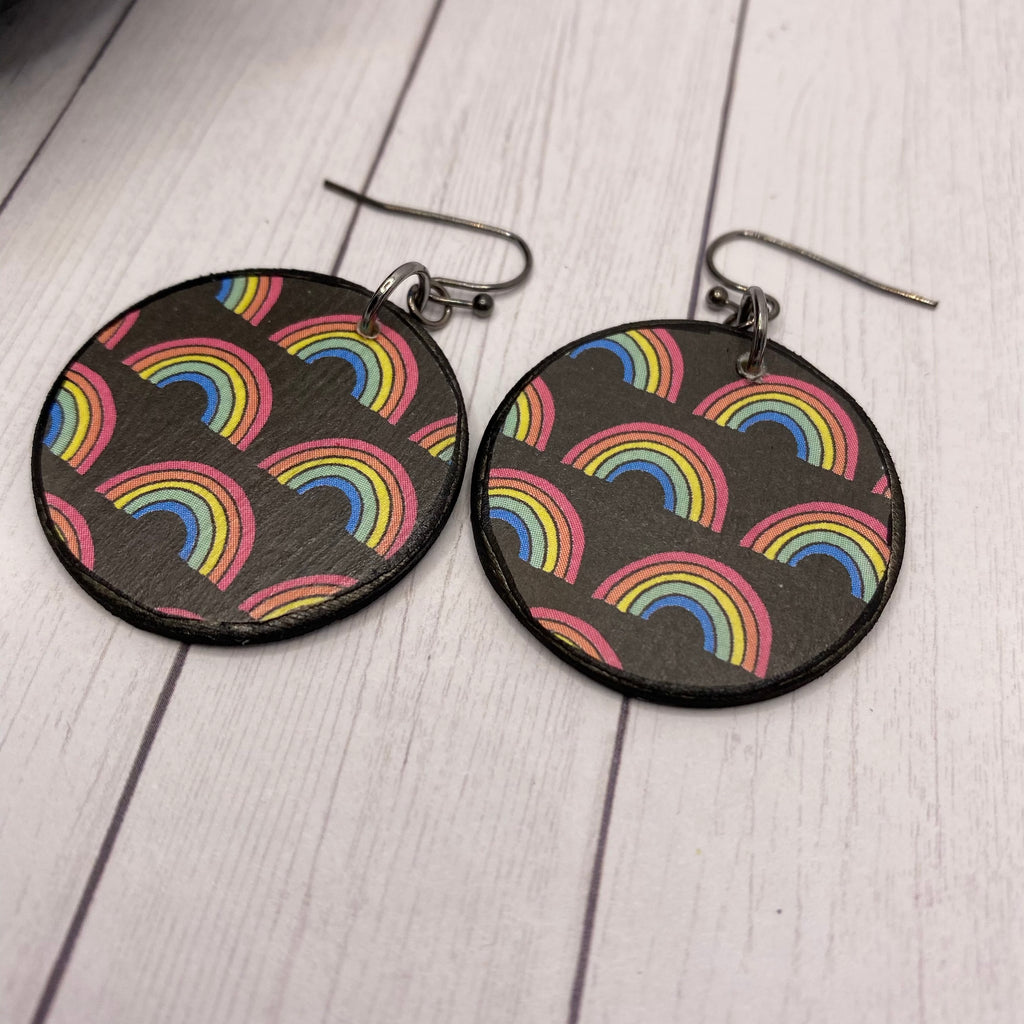 Round Rainbow Wood Earrings