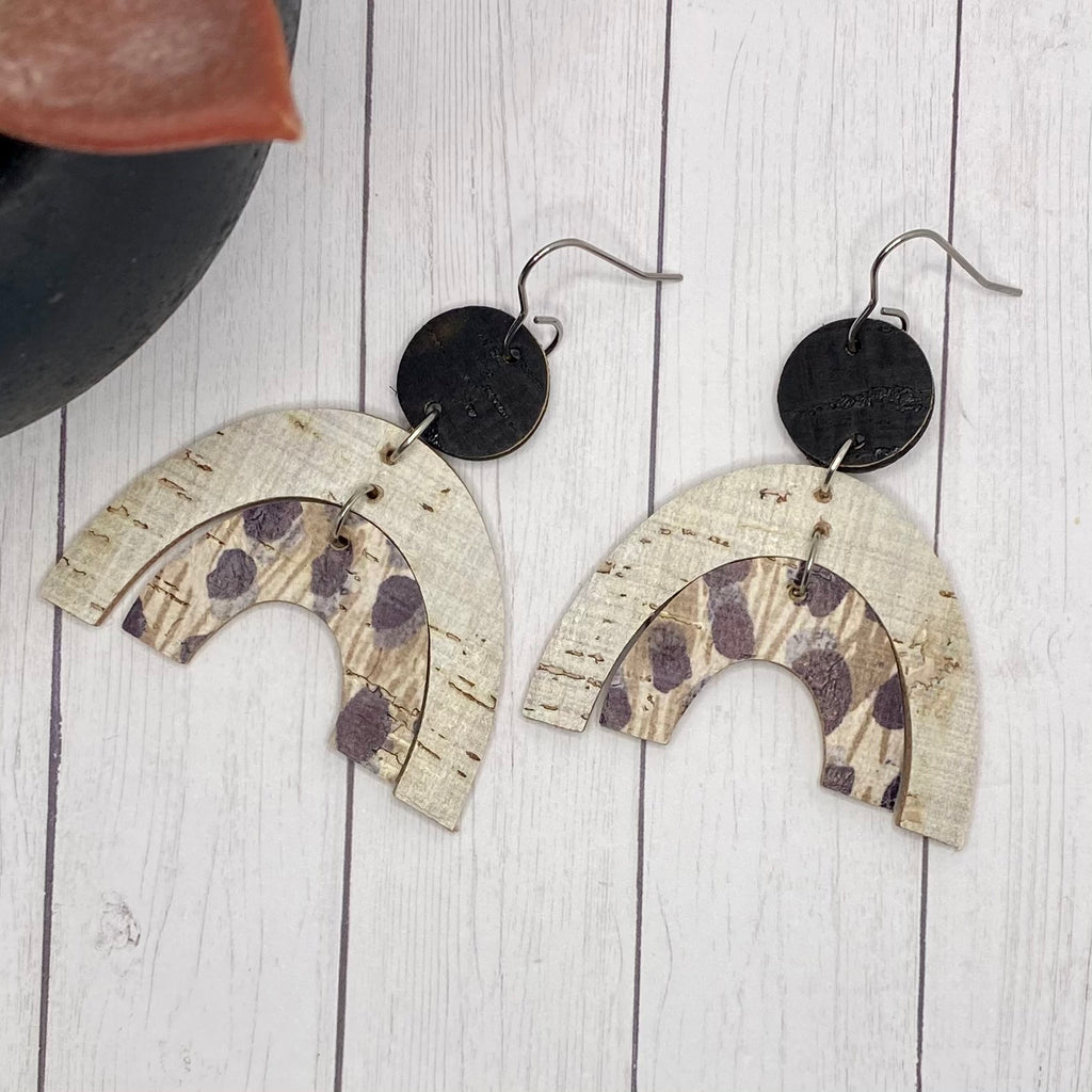 Animal Print Neutral Leather and Cork Double Arch Earrings