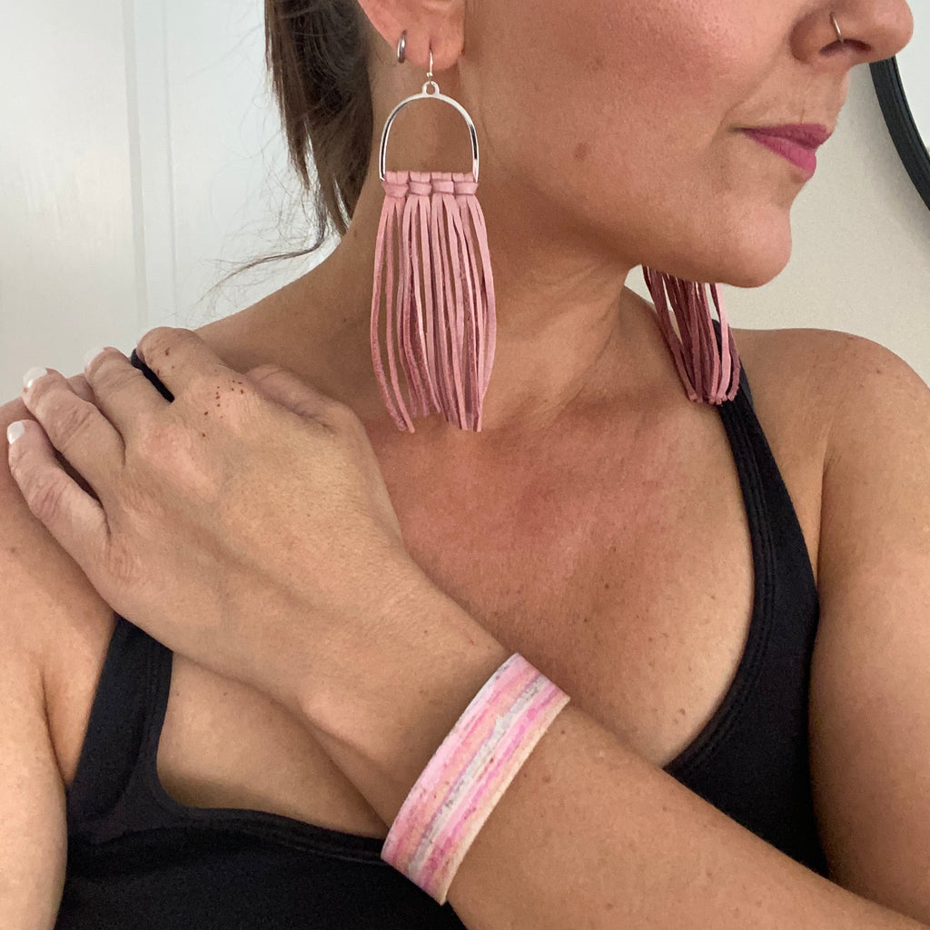 Pink Leather Fringe Arched Hoop Earrings