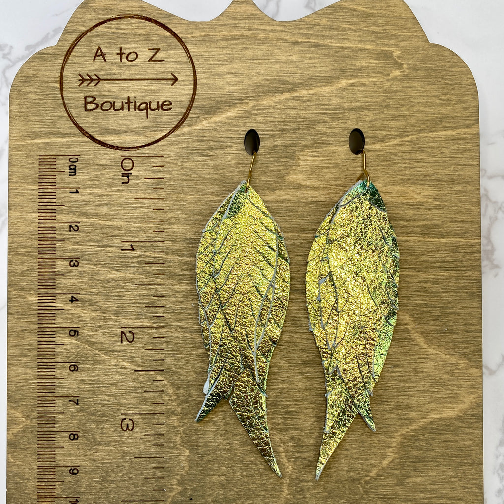 Green Iridescent Genuine Leather Feather Earrings