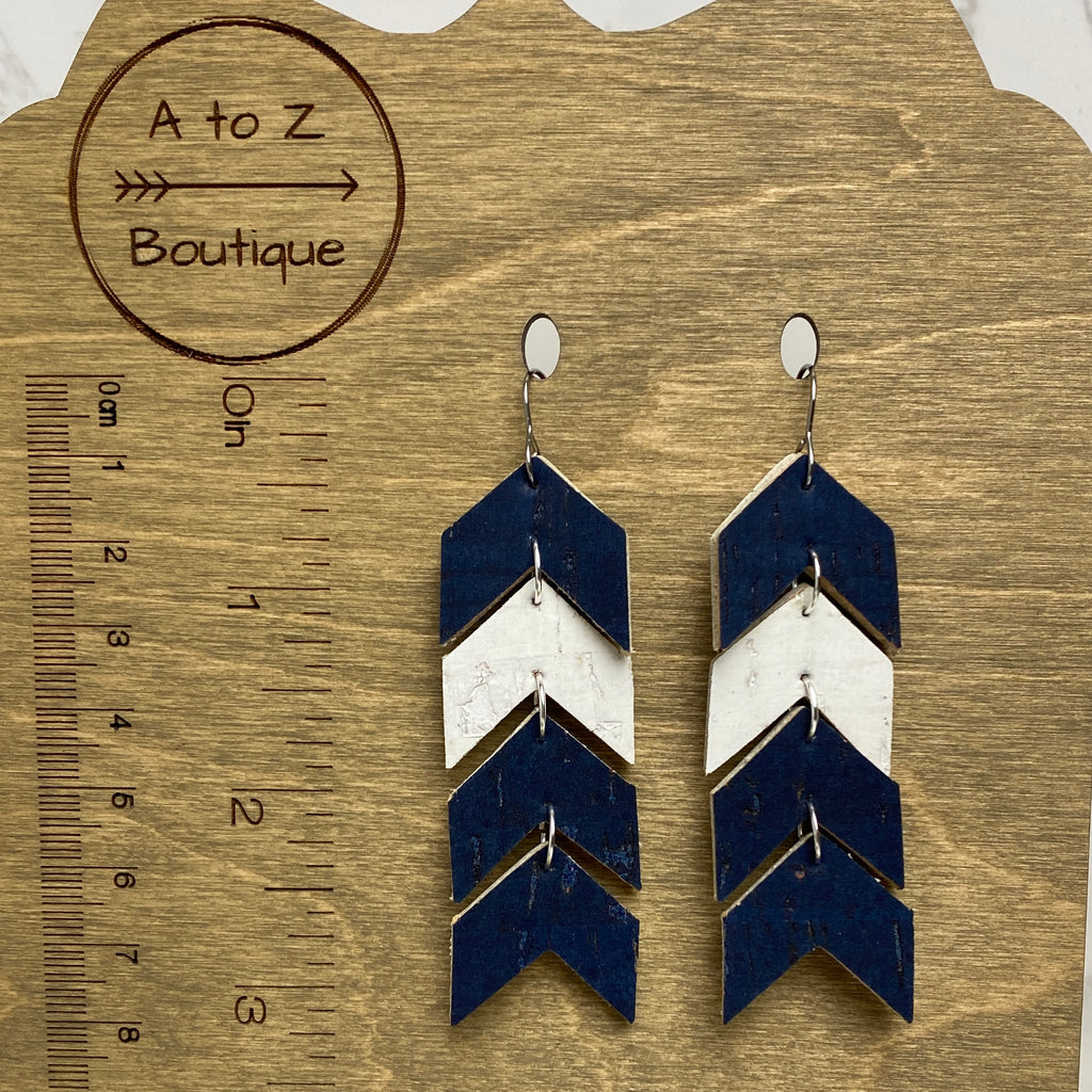 Navy Blue and White Cork Long Chevron Earrings
