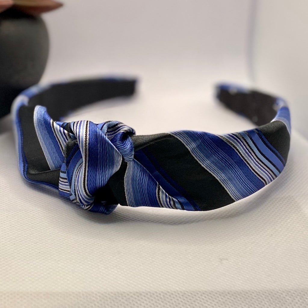 Blue and Black Silk Upcycled headband