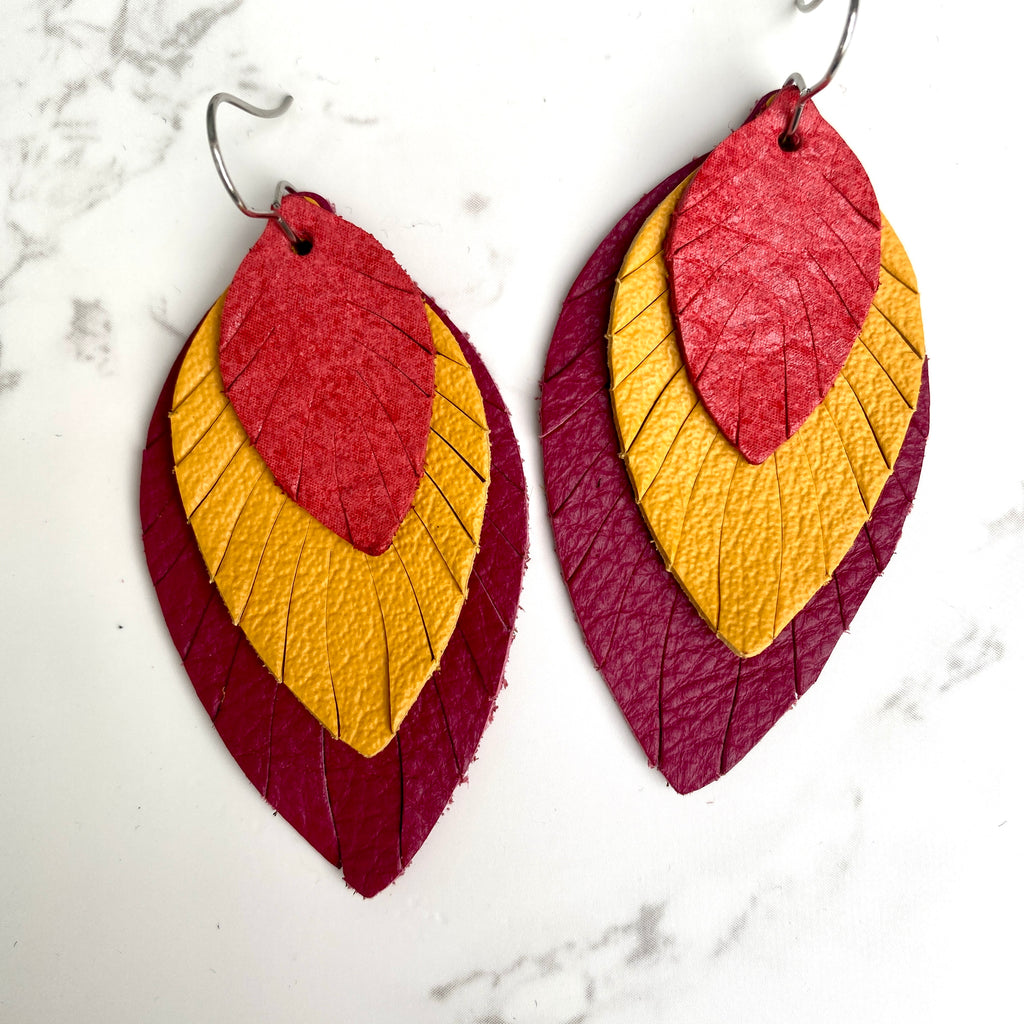 Burgundy Mustard Red Small Fat Feather Earrings