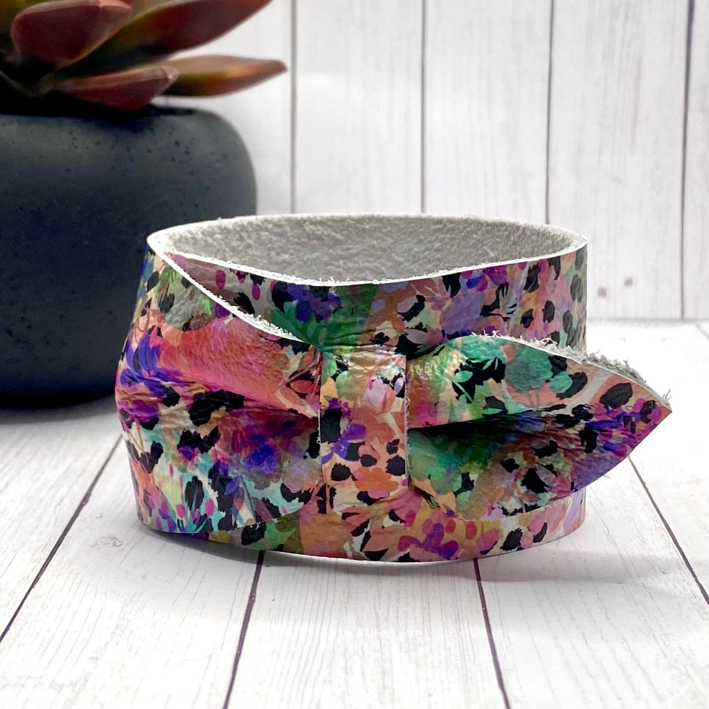 Watercolor Floral Print Genuine Leather Bow Cuff Bracelet