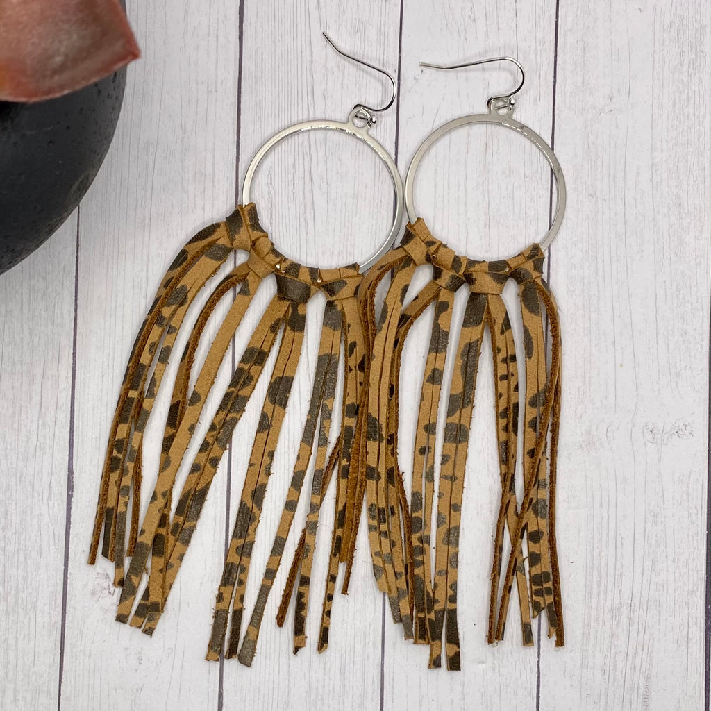 Tan Animal Print Leather Fringe Hoop Earrings