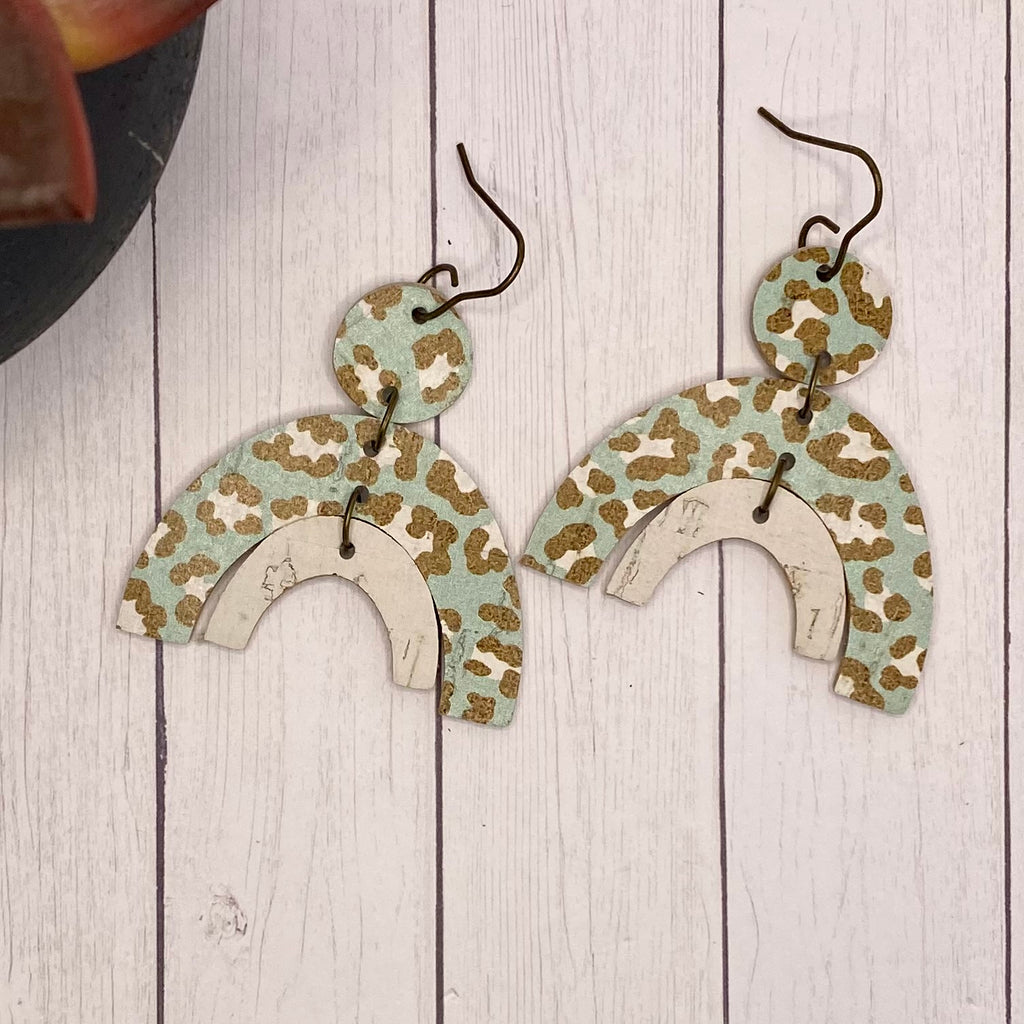 Mint Animal Print Leather and Cork Double Arch Earrings