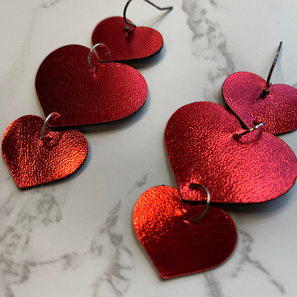 Red Triple Heart Leather Earrings