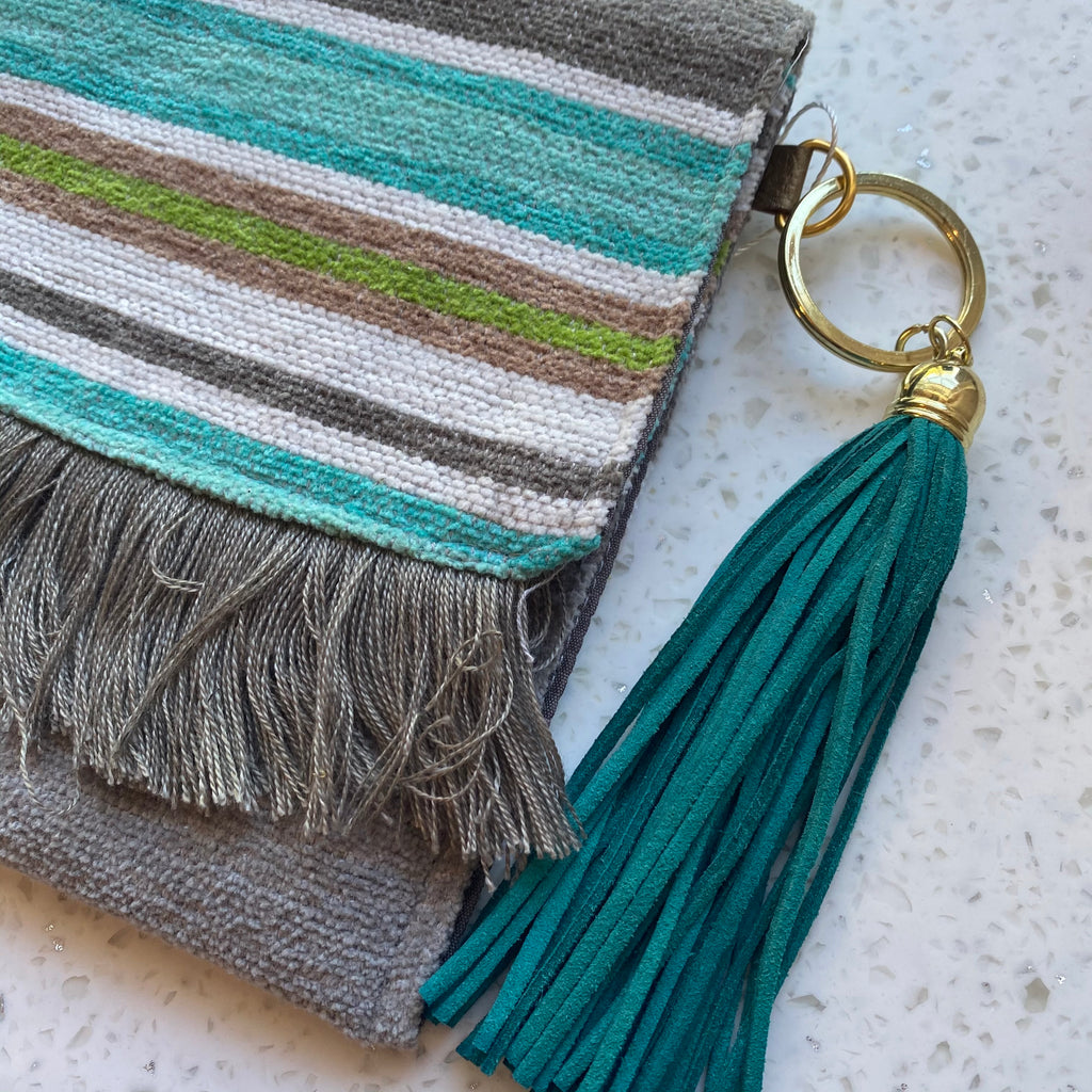 Gray and Teal Handmade Woven Rag Purse with Tassel