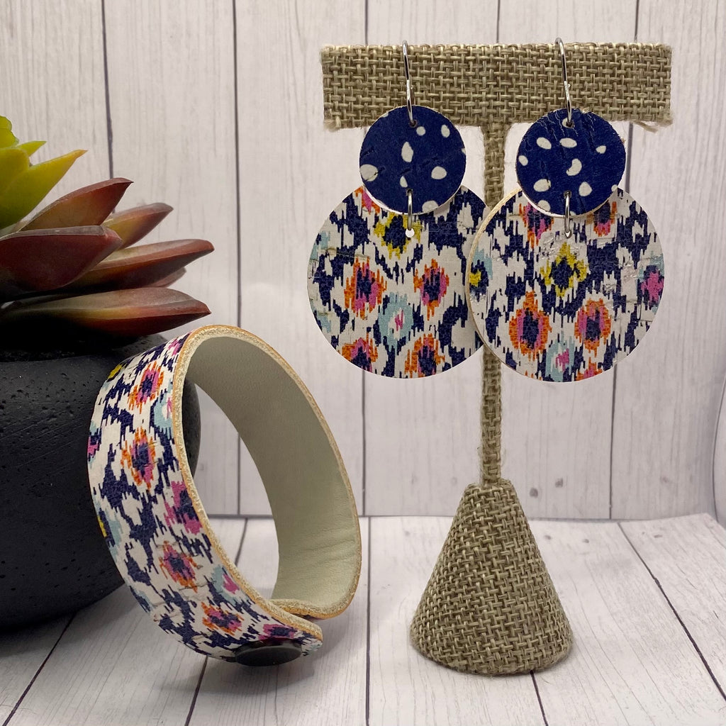 Navy and White Cork and Leather Earrings