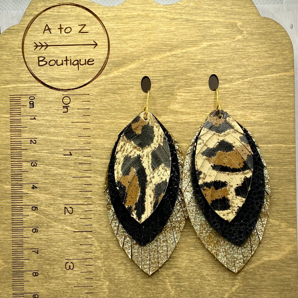 Animal Print Black and Gold Large Leather Feather Earrings